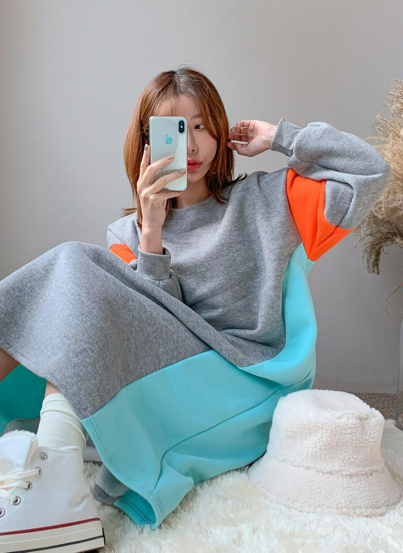 裏起毛カラーブロックワンピース