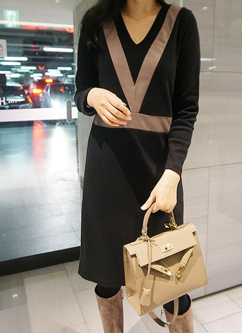 Vネックラインポイント起毛ワンピース