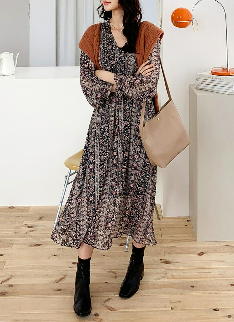 Vネックフローラルワンピース・全3色