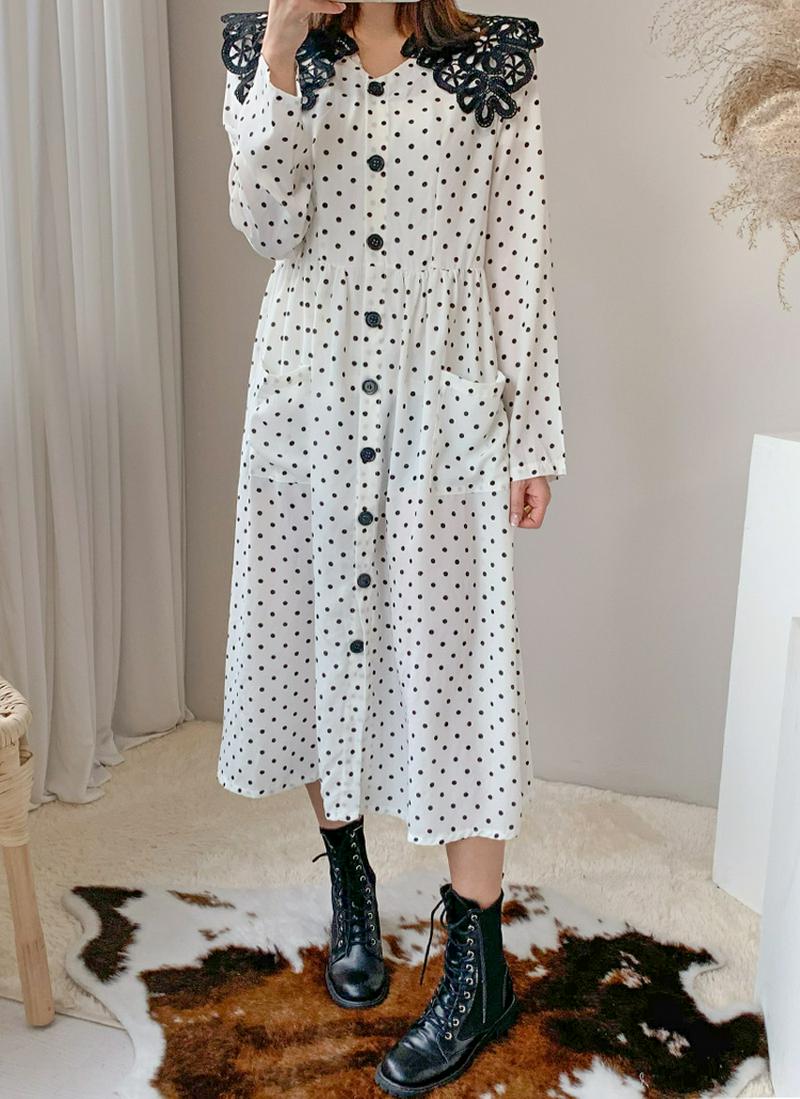 レースカラードットロングワンピース