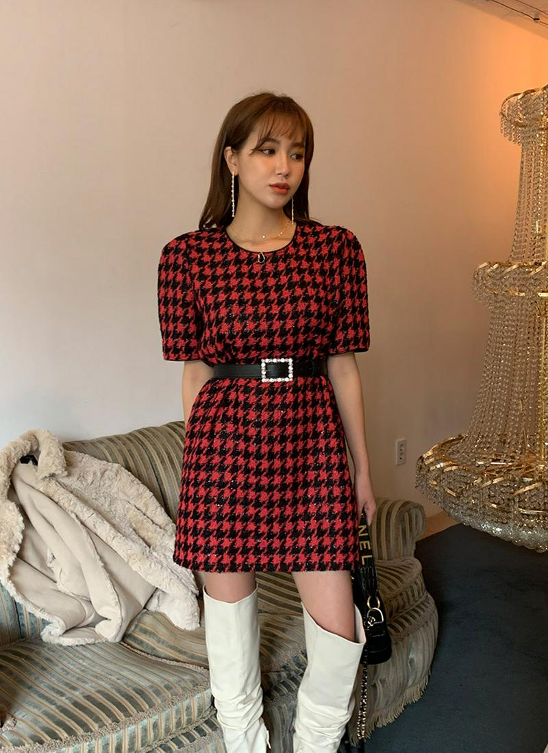 ラウンドネックハウンドトゥースワンピース
