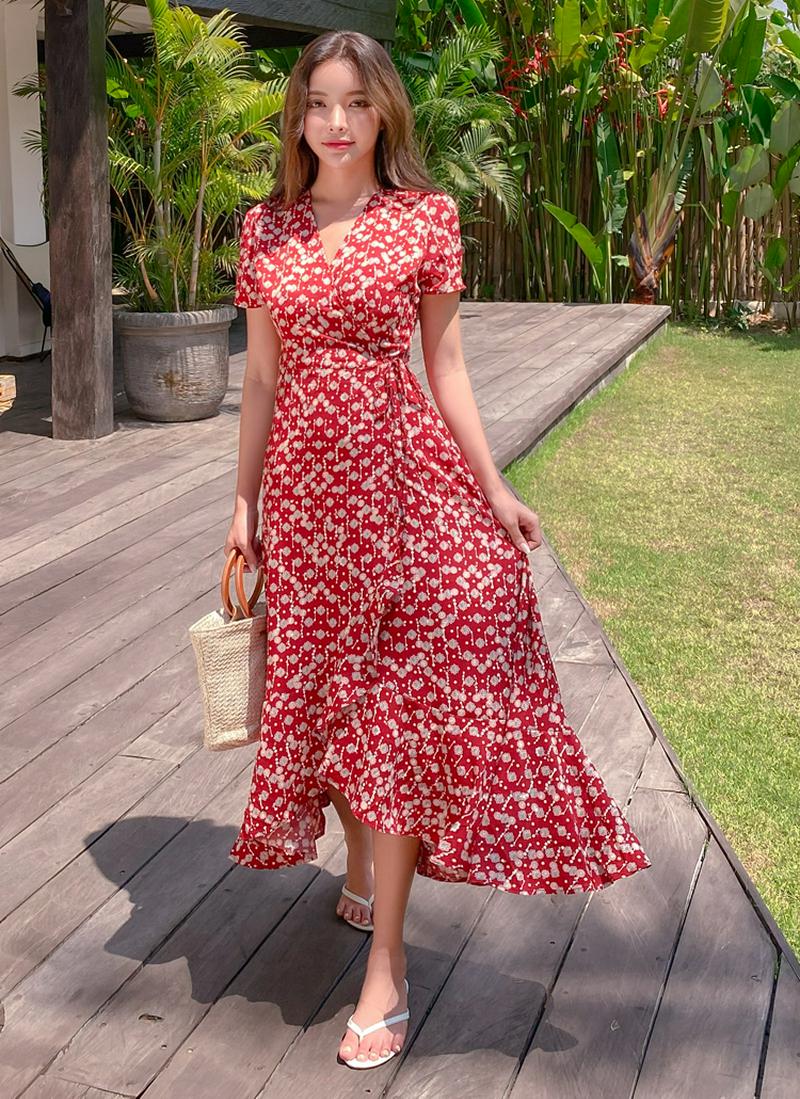 パターンフリルロングラップワンピース