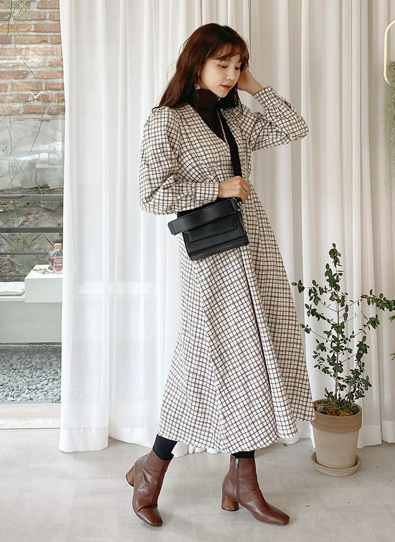 Vネックパフチェックワンピース・全2色