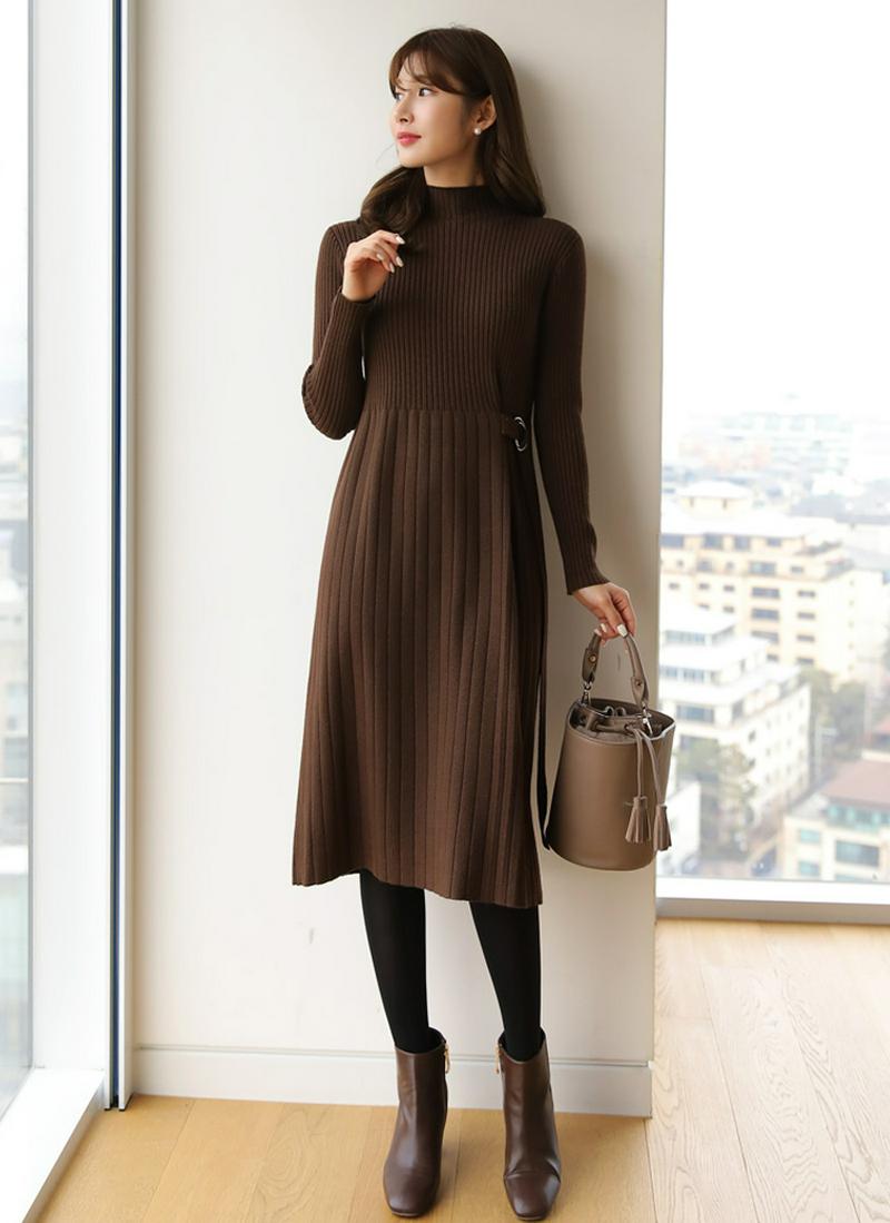 サイドベルトリブニットワンピース