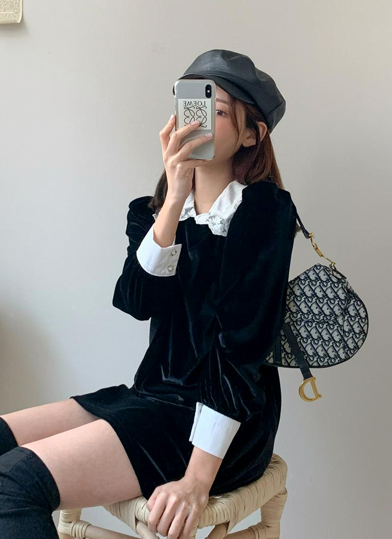 フラワーレースカラーベロアワンピース