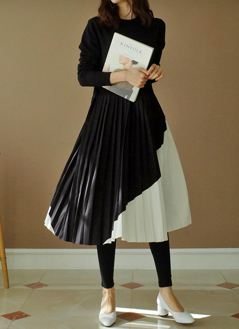 バイカラープリーツ切替ニットワンピース