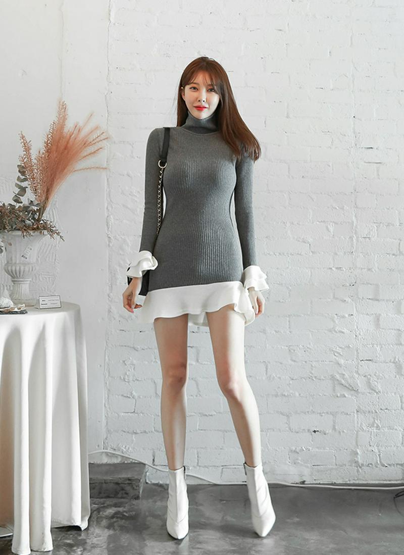 コントラストカラーフリルニットワンピース