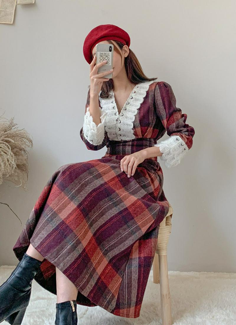 ウエストシャーリングチェックワンピース