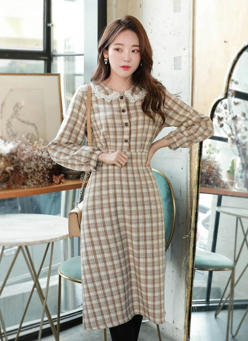 レースカラーウール混チェックワンピース