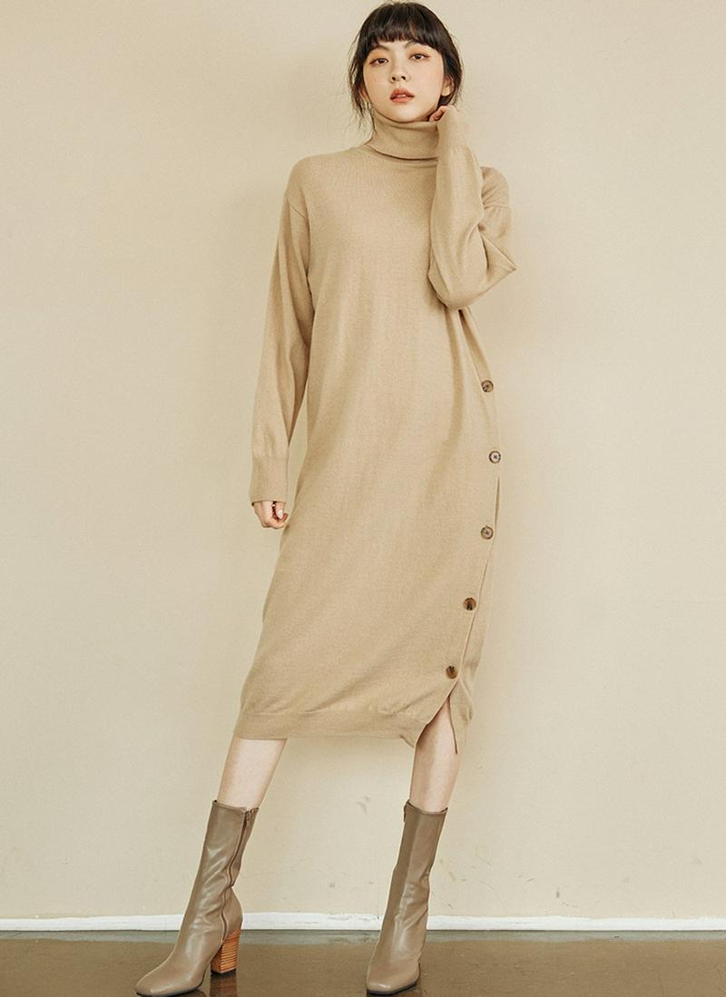 ボタンウール混ニットワンピース(ベージュ)