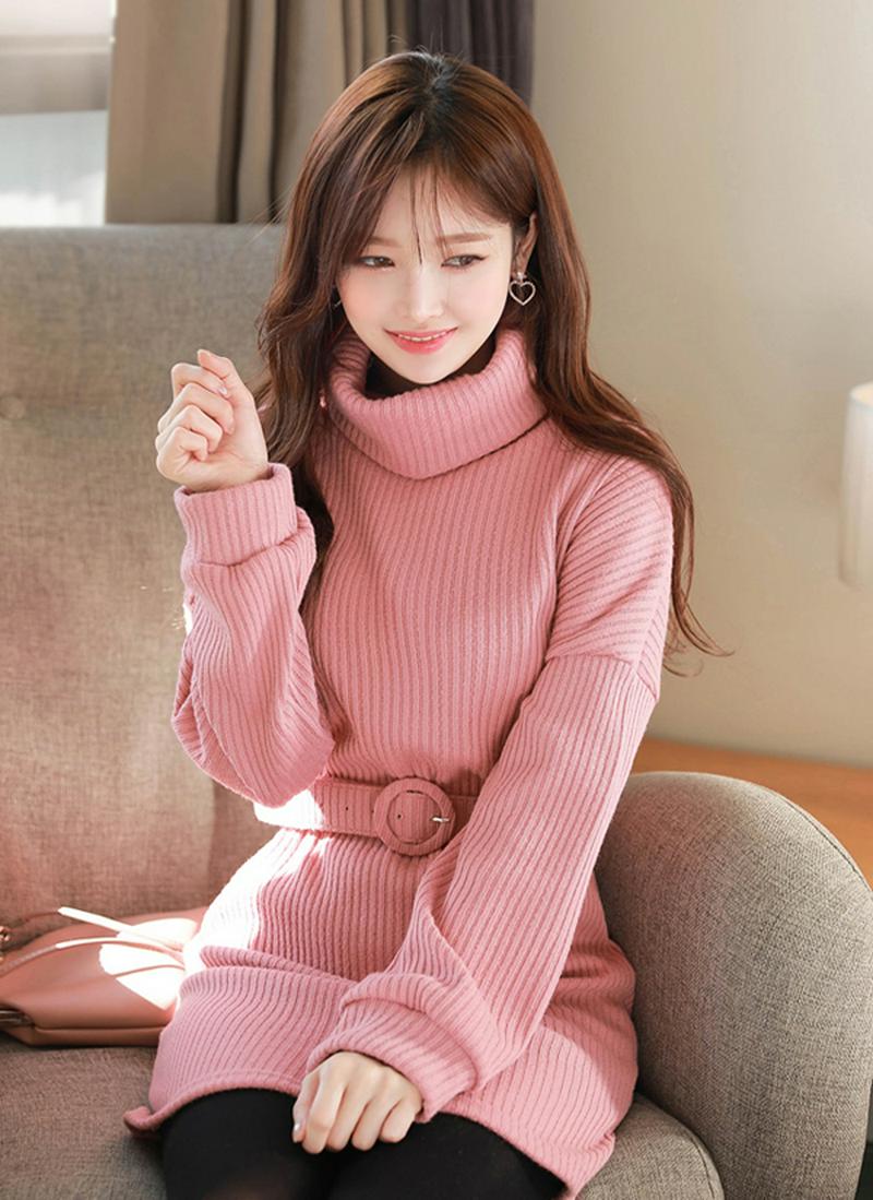 ベルト付タートルネックニットワンピース