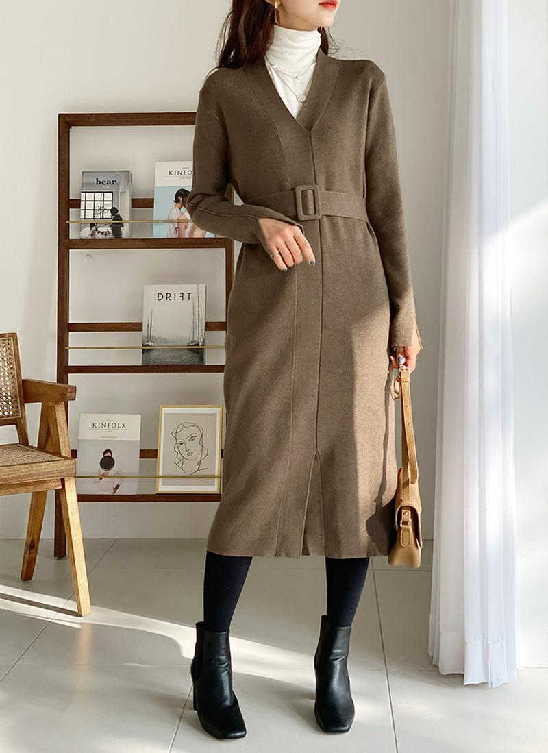 ベルト付Vネックニットワンピース・全3色