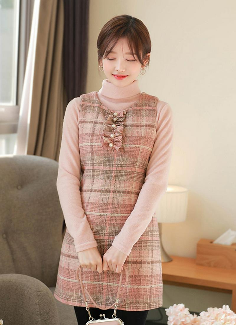 パール風ラインチェックノースリワンピース