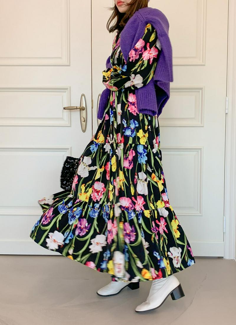 ティアード花柄ロングワンピース