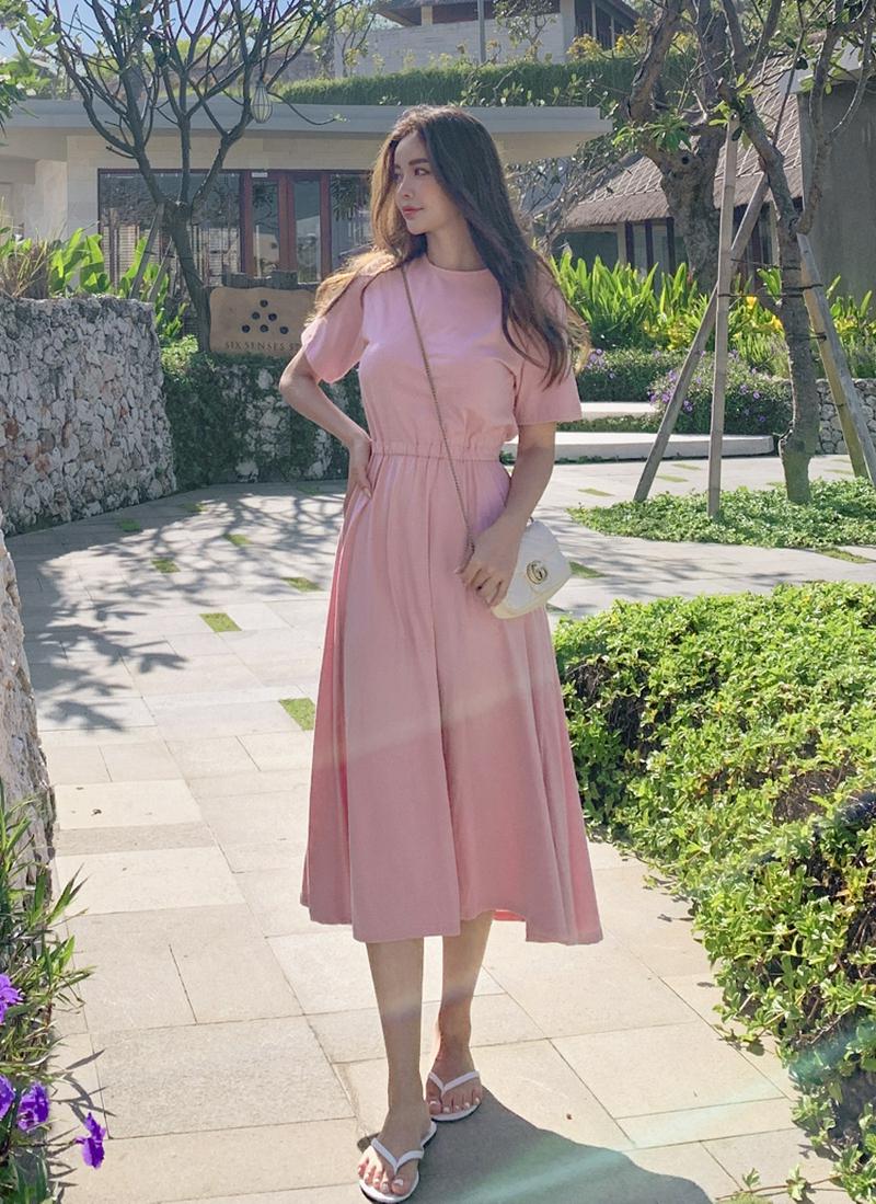 ウエストゴム半袖ロングワンピース