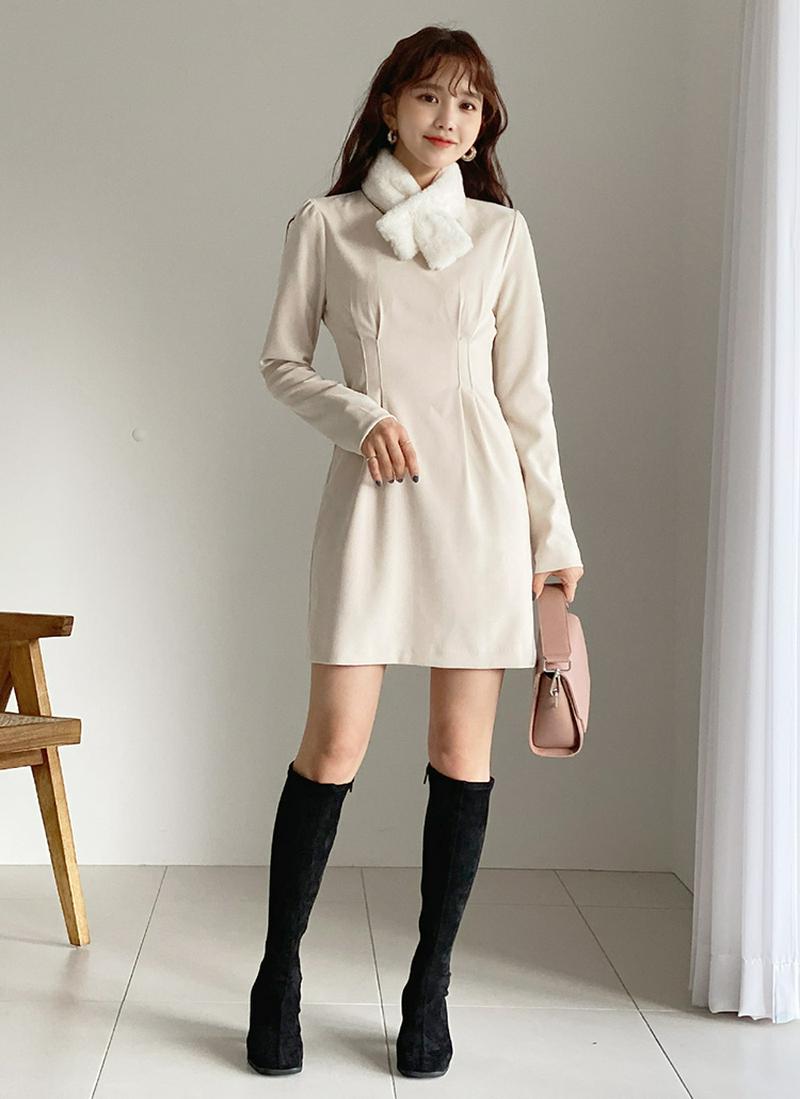 マフラー付タックワンピース・全2色