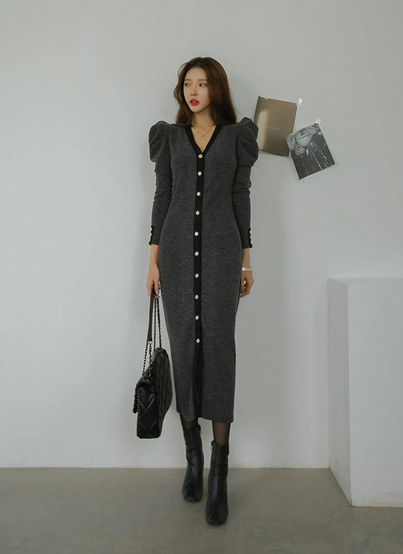 パフスリーブフロントボタンワンピース