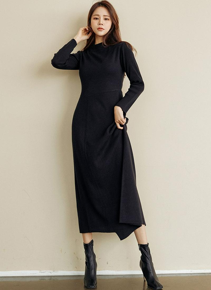 アンゴラ混アシメヘムワンピース(ブラック)