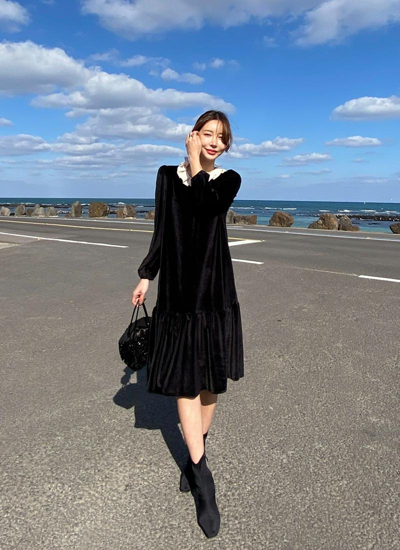 配色プリーツカラーベロアワンピース