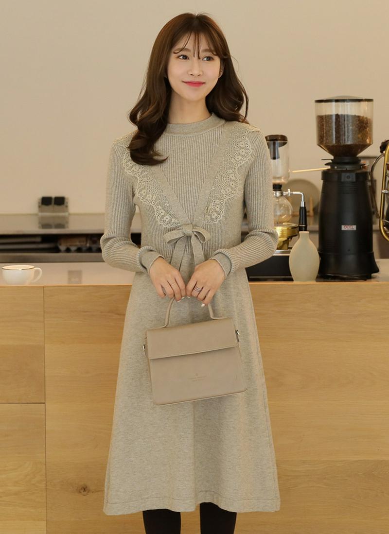 リボンレースラインニットワンピース