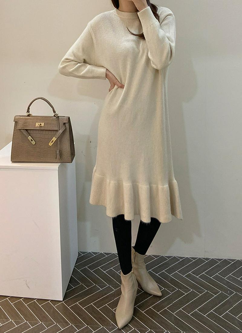 ウール混フレアヘムニットワンピース