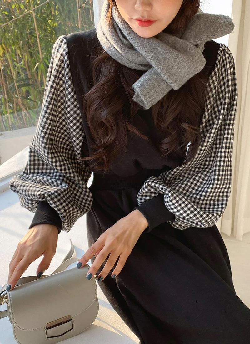 裏起毛チェックスリーブワンピース・全2色