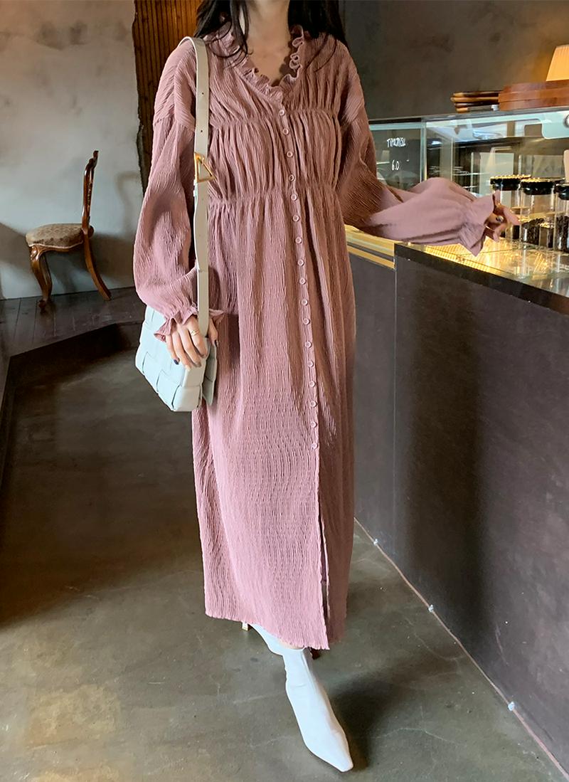 フリルネックリンクルワンピース