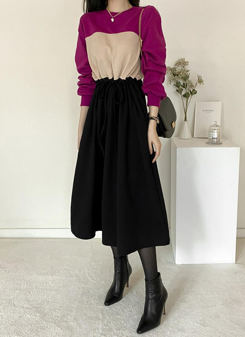 裏起毛ドロストカラーブロックワンピース