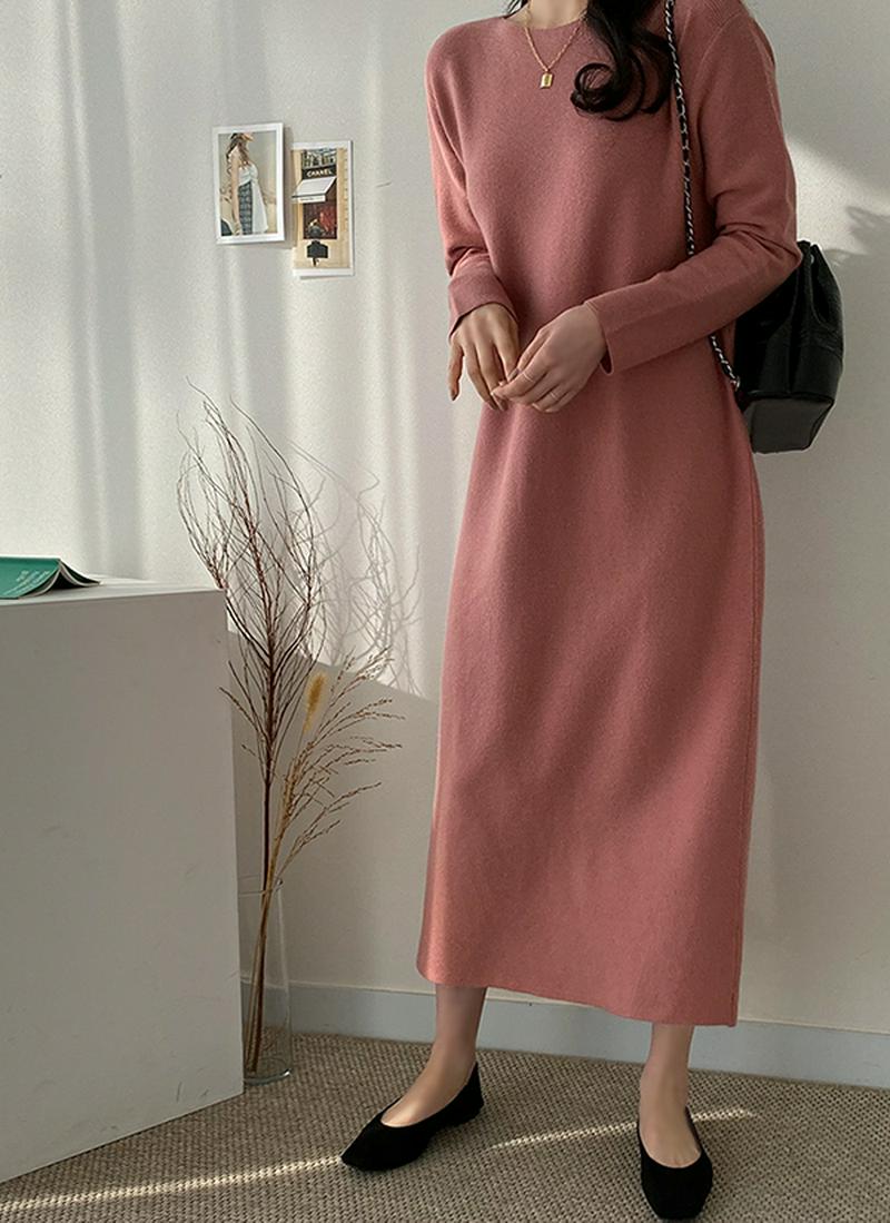 ボートネックロングニットワンピース