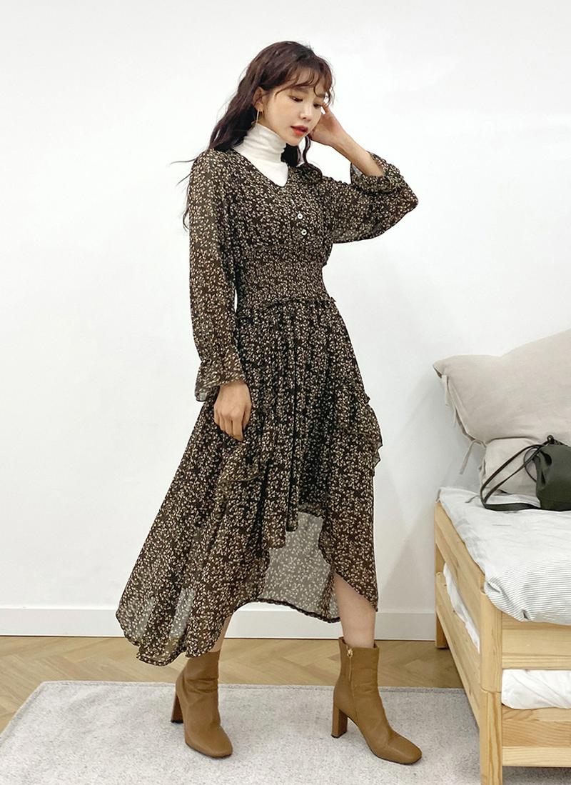 花柄シャーリングワンピース・全2色