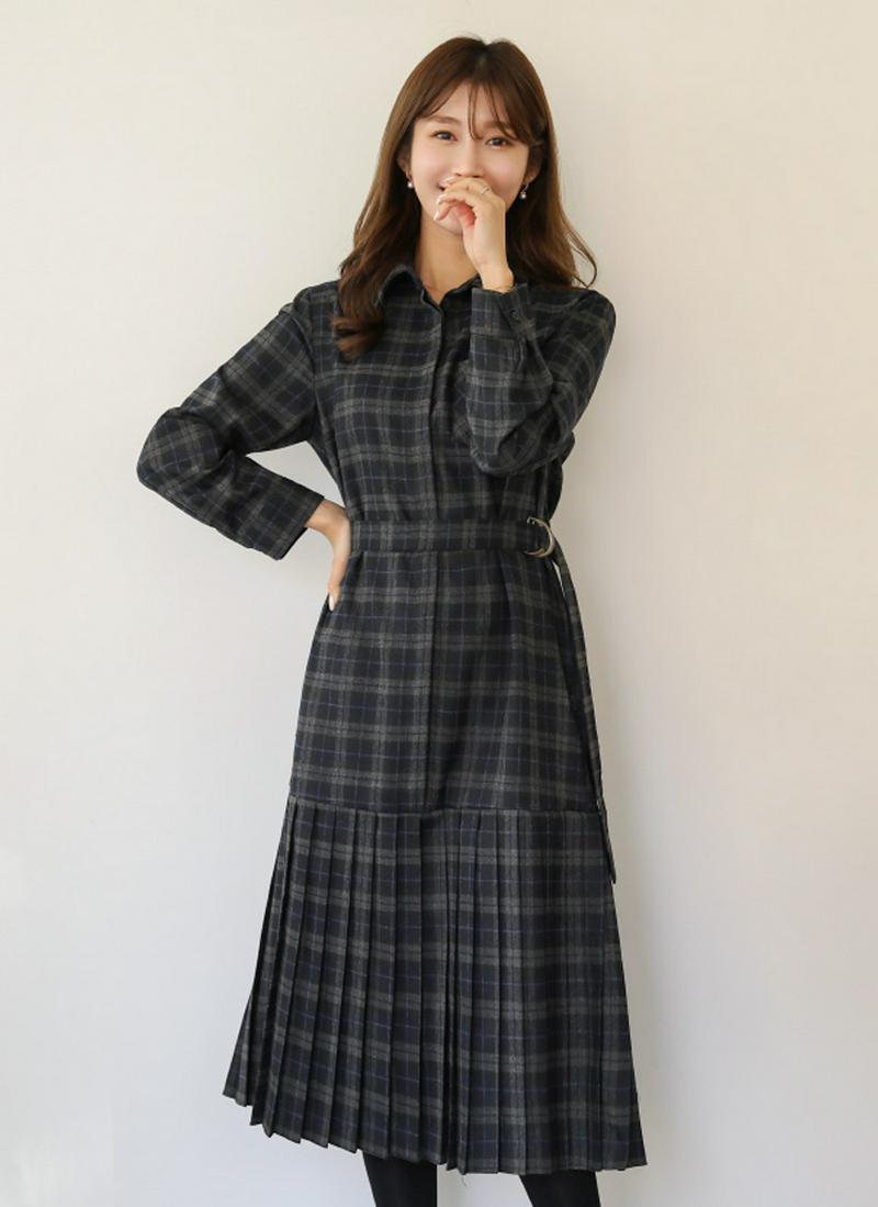 ベルト付プリーツヘムチェックワンピース
