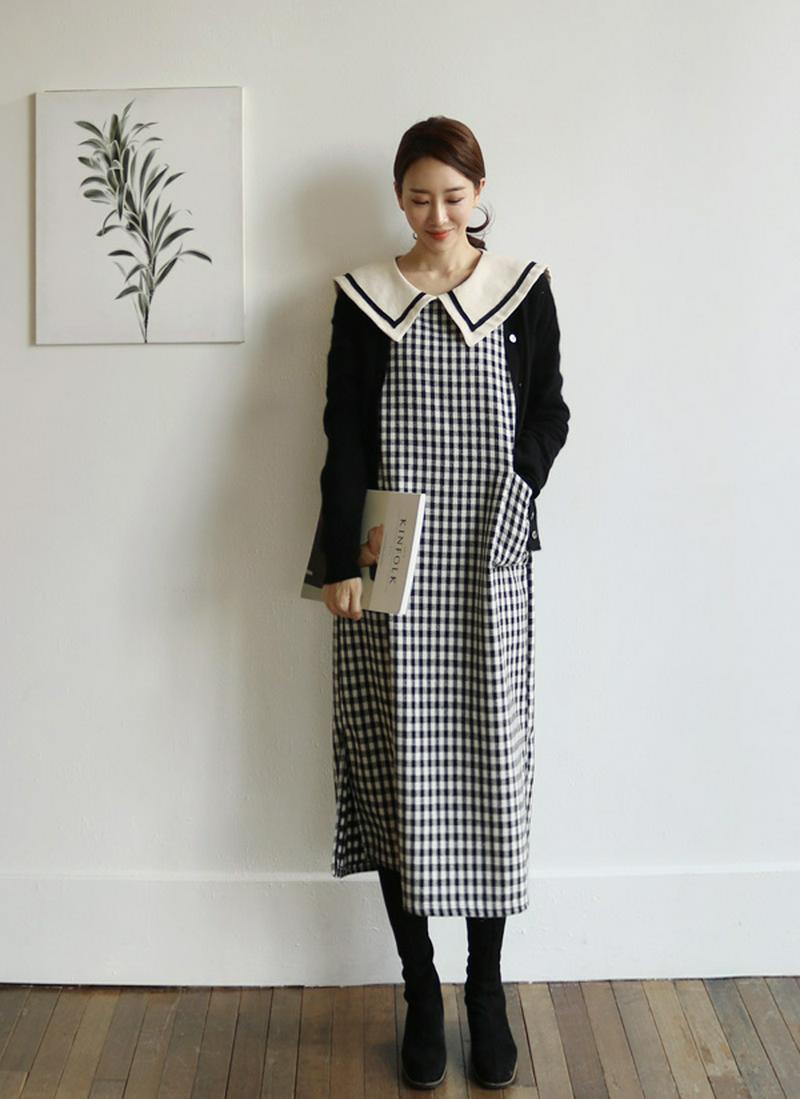 裏起毛セーラーカラーチェックワンピース