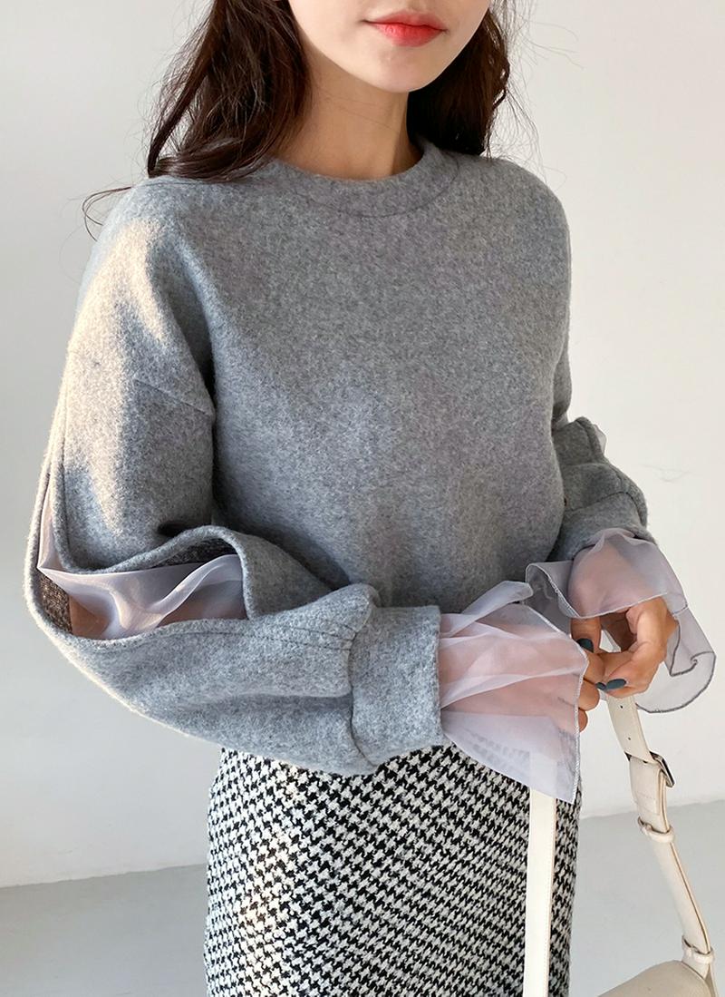 起毛メッシュスリーブスウェット・全3色 t54485 レディース【tops】 トップス 起毛 カットスリーブ スリットスリーブ レイヤード風 フレアスリーブ シースルー カジュアルスウェット フェミニン プルオーバー 秋 冬 異素材 韓国ファッション