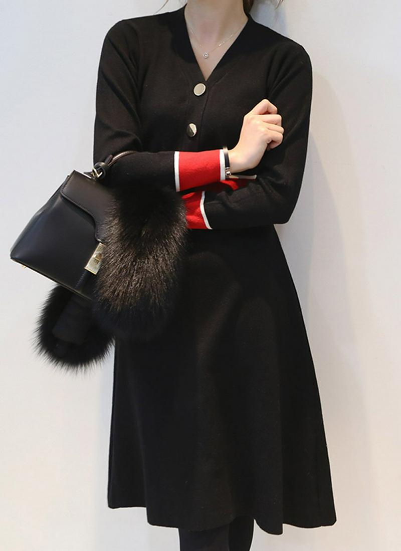 コントラストカラーVネックワンピース