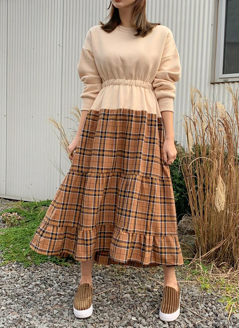スウェット切替チェックフレアワンピース