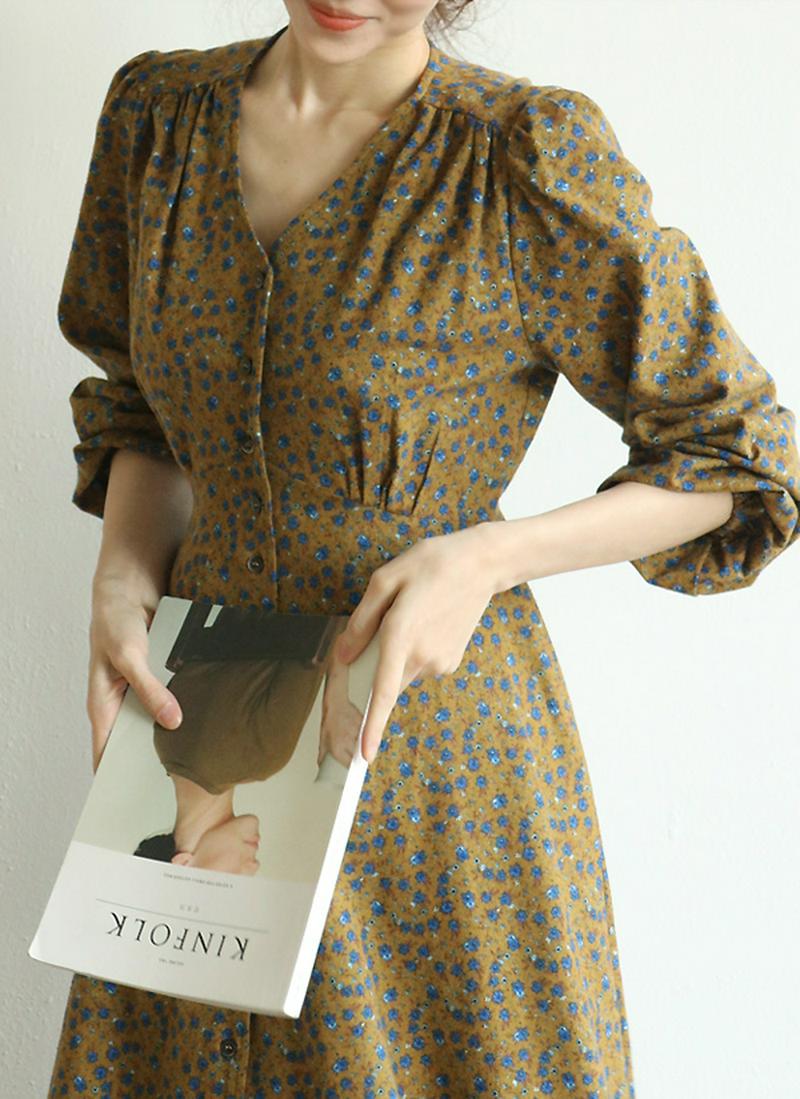 フラワーVネックギャザーワンピース