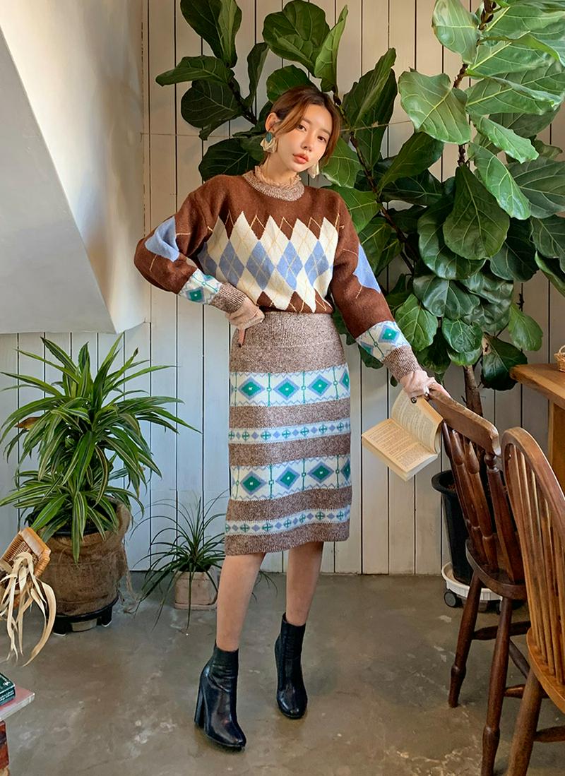 アーガイル切替ニットワンピース