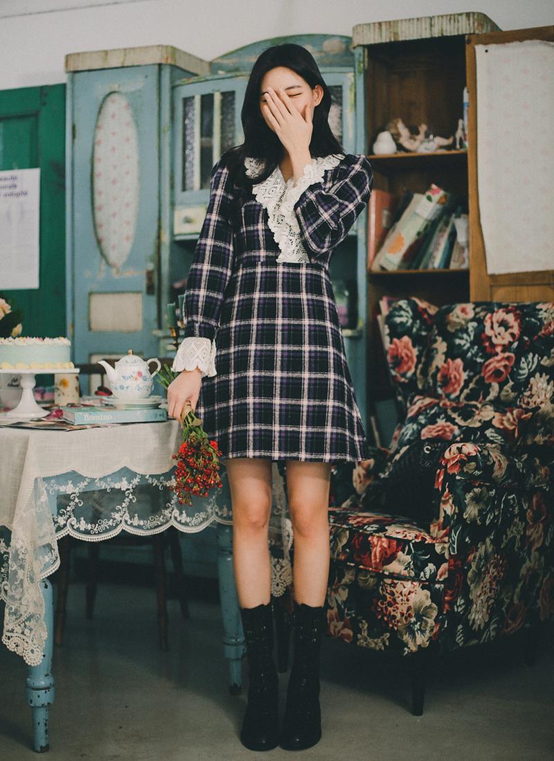 フリルレースネックチェックワンピース