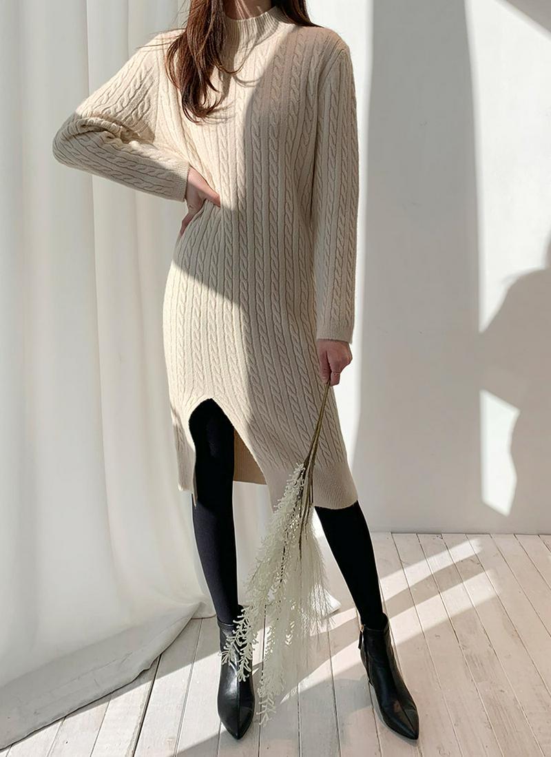 モックネックツイストニットワンピース