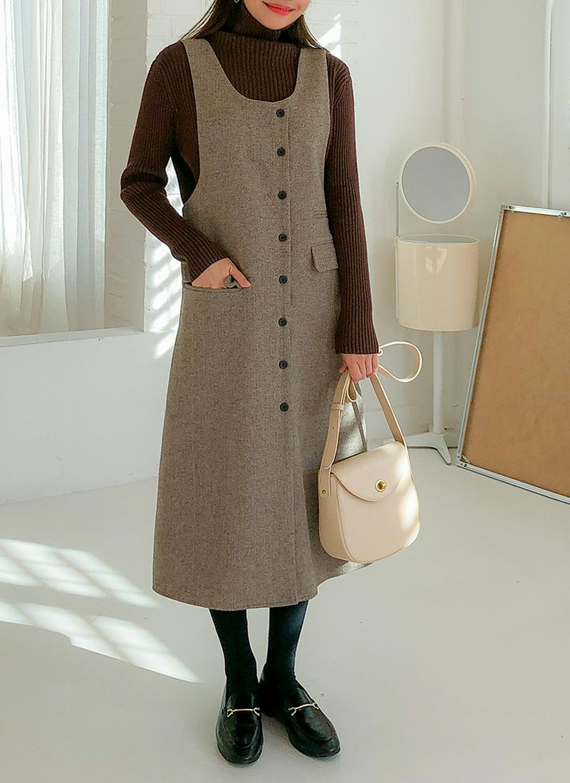 ウール混ボタンスリーブレスワンピース