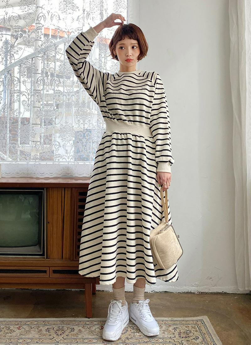 裏起毛ボーダースウェットワンピース・全3色