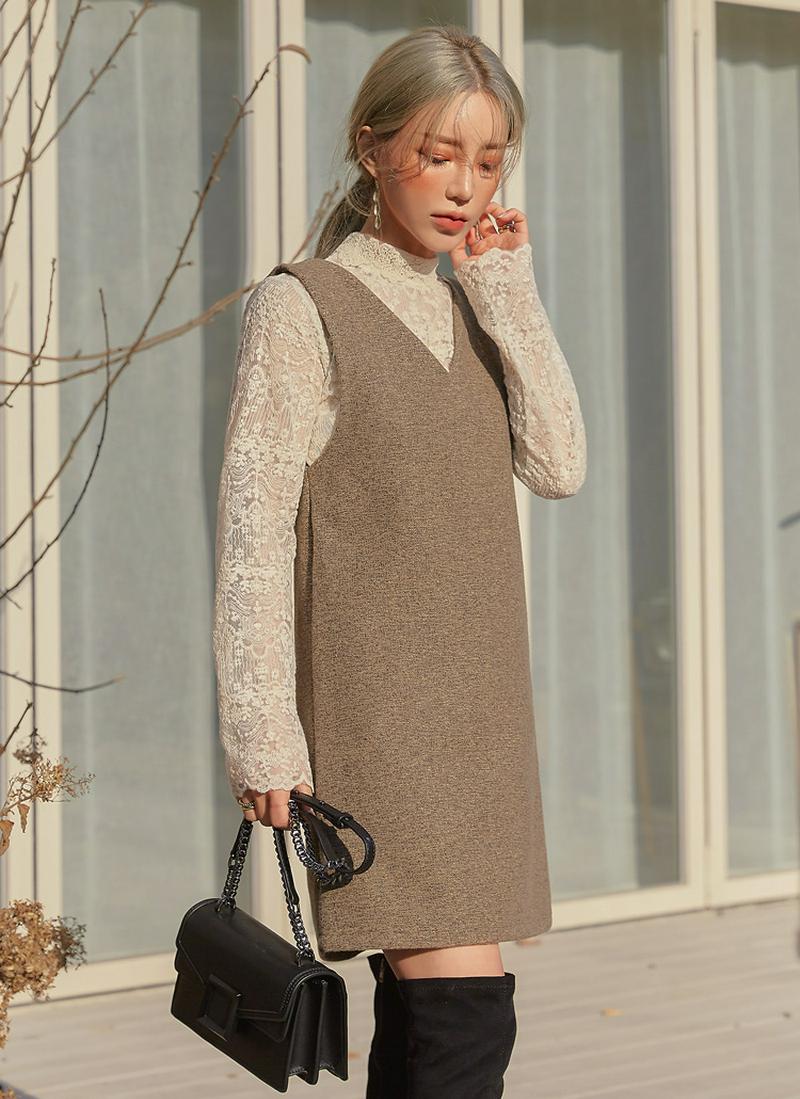 ウール混Vネックメランジワンピース