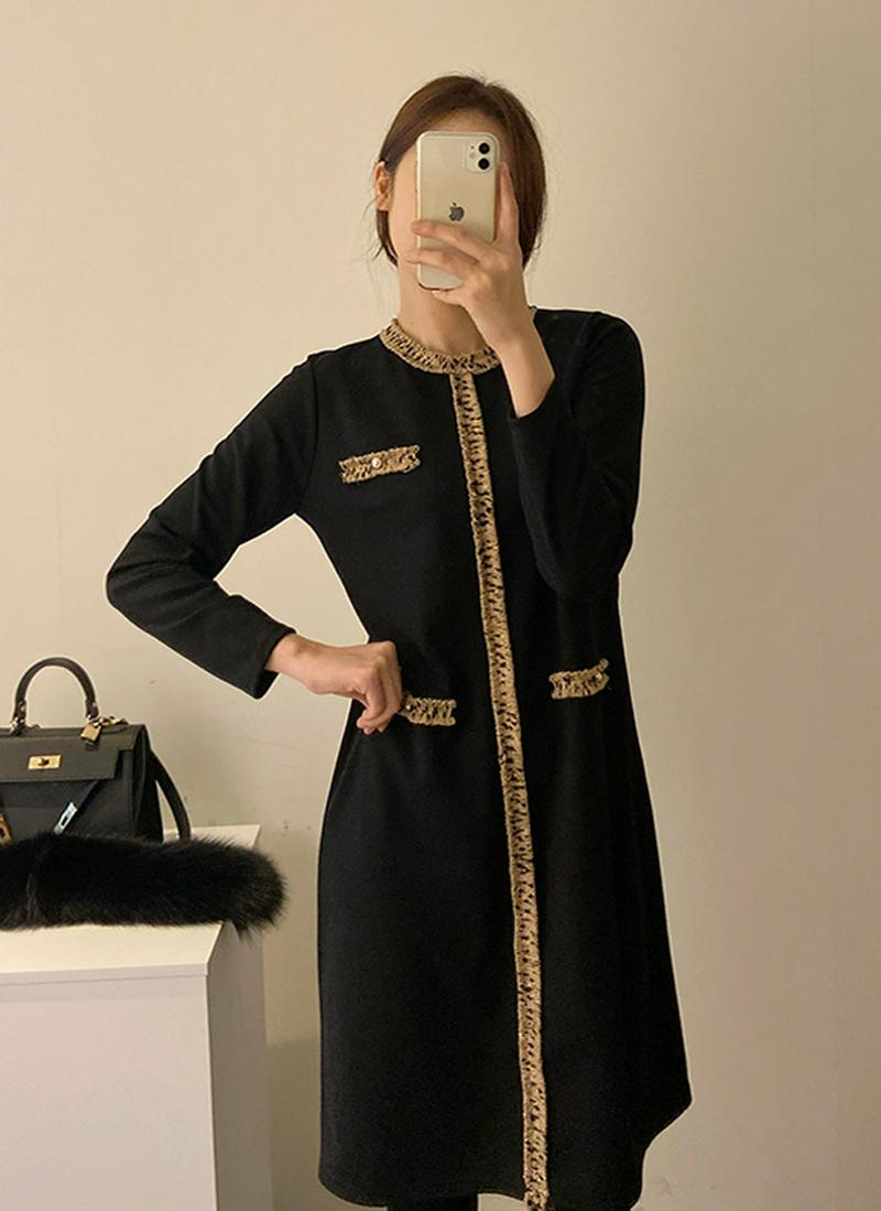 ツイードラインラウンドネックワンピース