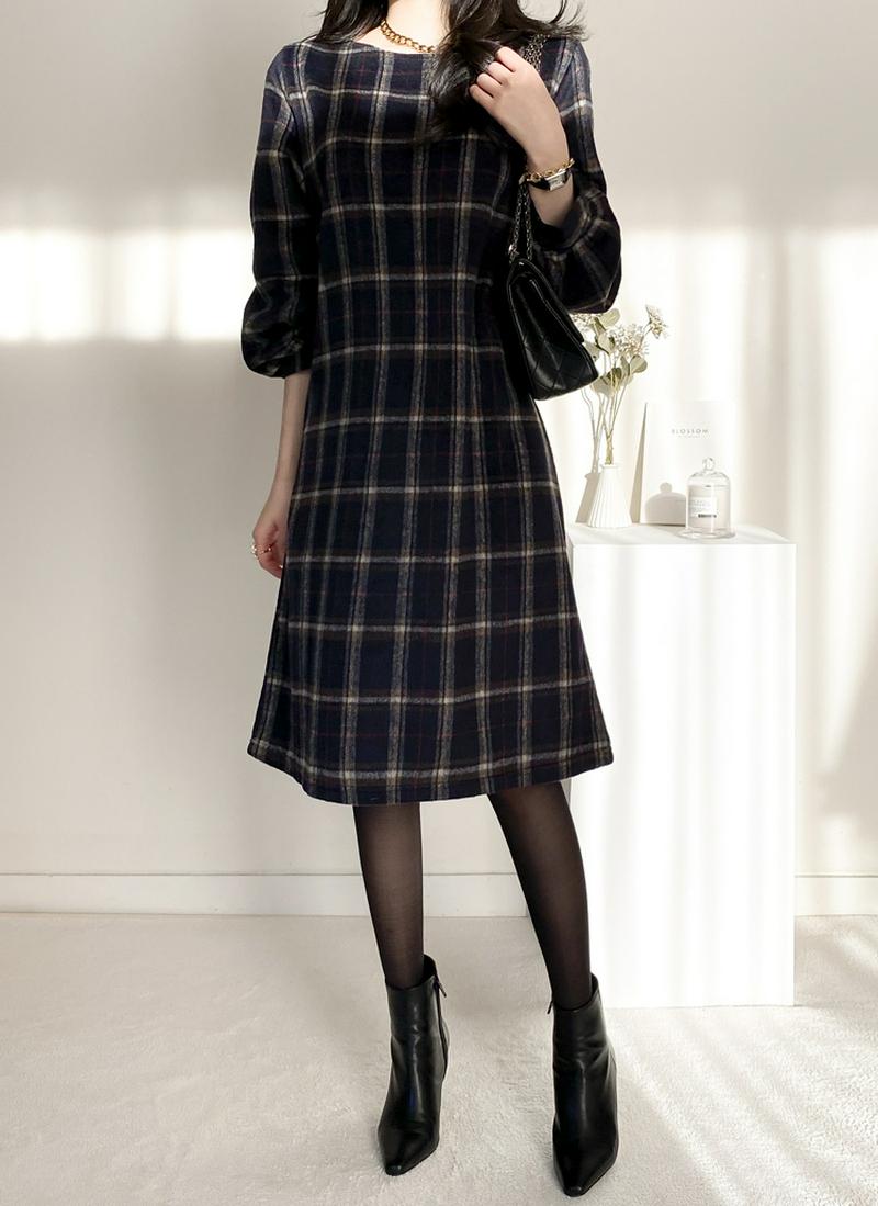 ウール混ラウンドチェックワンピース