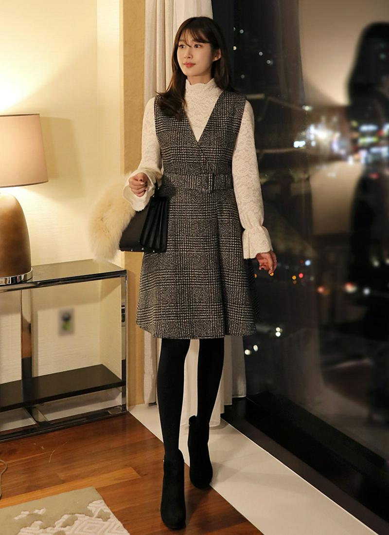 ベルト付チェックノースリワンピース