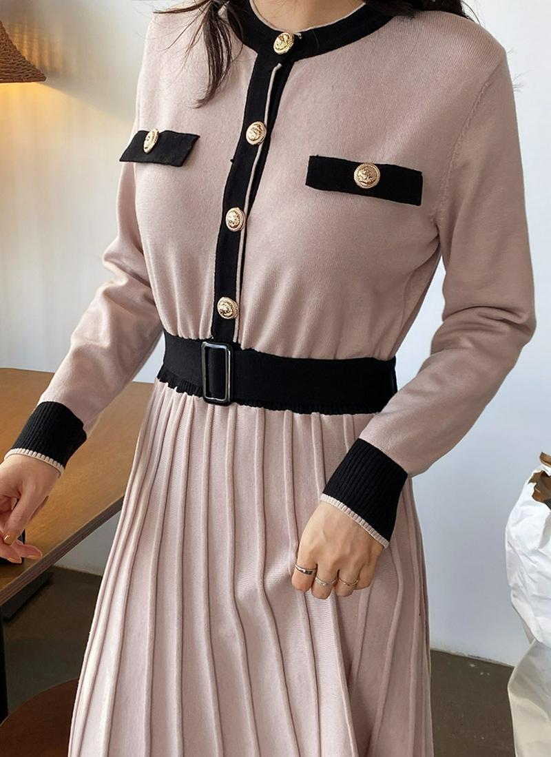 ベルト付配色ニットワンピース・全2色