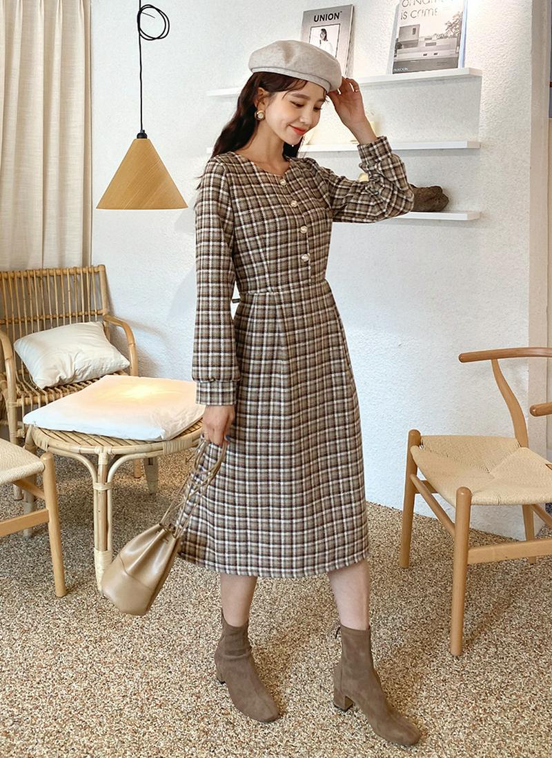 パールボタンチェックワンピース・全2色