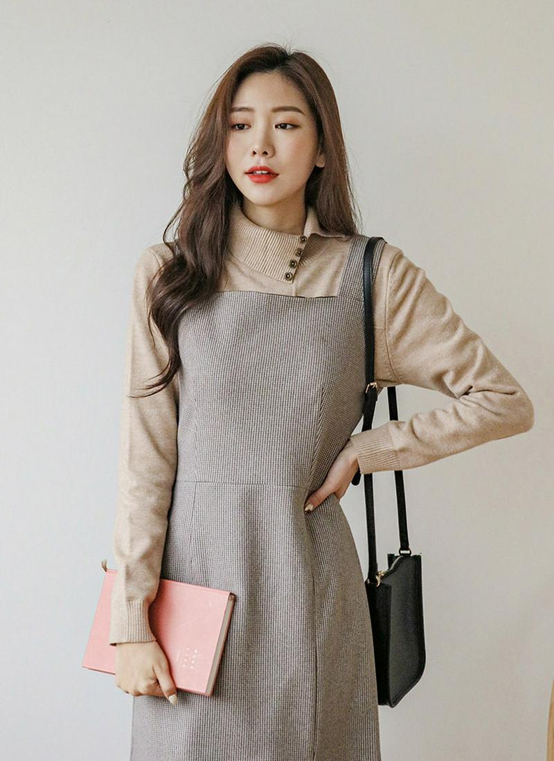 チェックスリットヘムノースリワンピース