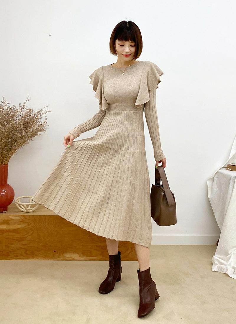 フリルリボンニットワンピース・全2色