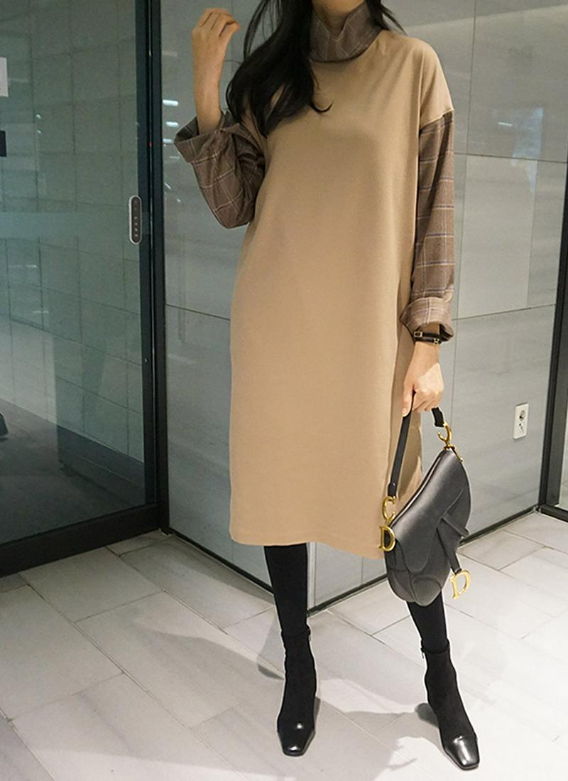 チェック切替ハーフネックワンピース